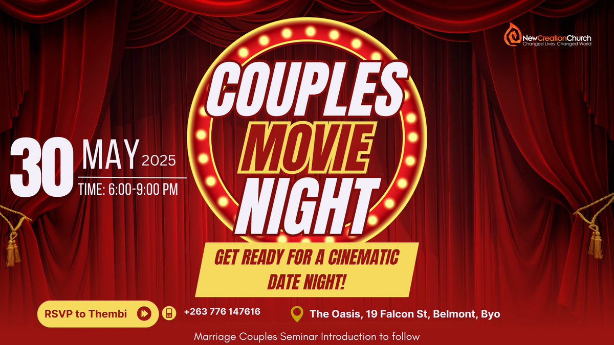 Get ready for the ultimate date night!  Our Couple Movie Night is back this Friday at The Oasis, from 6 PM to 9 PM. Grab your partner and unwind with us. It's going to be a beautiful evening!
#MovieNight #CoupleGoals #TheOasisVibes #RomanticEvening #WhatToDoInBulawayo
