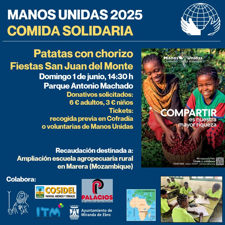 ¡Este domingo, #ManosUnidas te espera en el Parque Antonio Machado! 🍽️ Patatas con chorizo por solo 6 €. Recaudación para una escuela rural en Mozambique. ¡Gracias a la Cofradía de San Juan del Monte y colaboradores! 🙌 #FP #ITM #Solidaridad #ComidaSolidaria