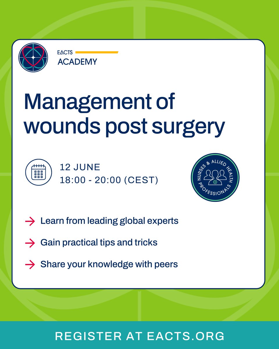 EACTS (@eacts) on Twitter photo 👋 Nurses and allied health professionals!
Join course directors, <a href="/richard_v_valen/">Richard van Valen</a> and Cristina Ruiz Segria, for a deep dive into the world of post-operative care, infection control and treatment approaches for the effective management of wounds after surgery.
📅 12 June 2025 👋 Nurses and allied health professionals!
Join course directors, <a href="/richard_v_valen/">Richard van Valen</a> and Cristina Ruiz Segria, for a deep dive into the world of post-operative care, infection control and treatment approaches for the effective management of wounds after surgery.
📅 12 June 2025