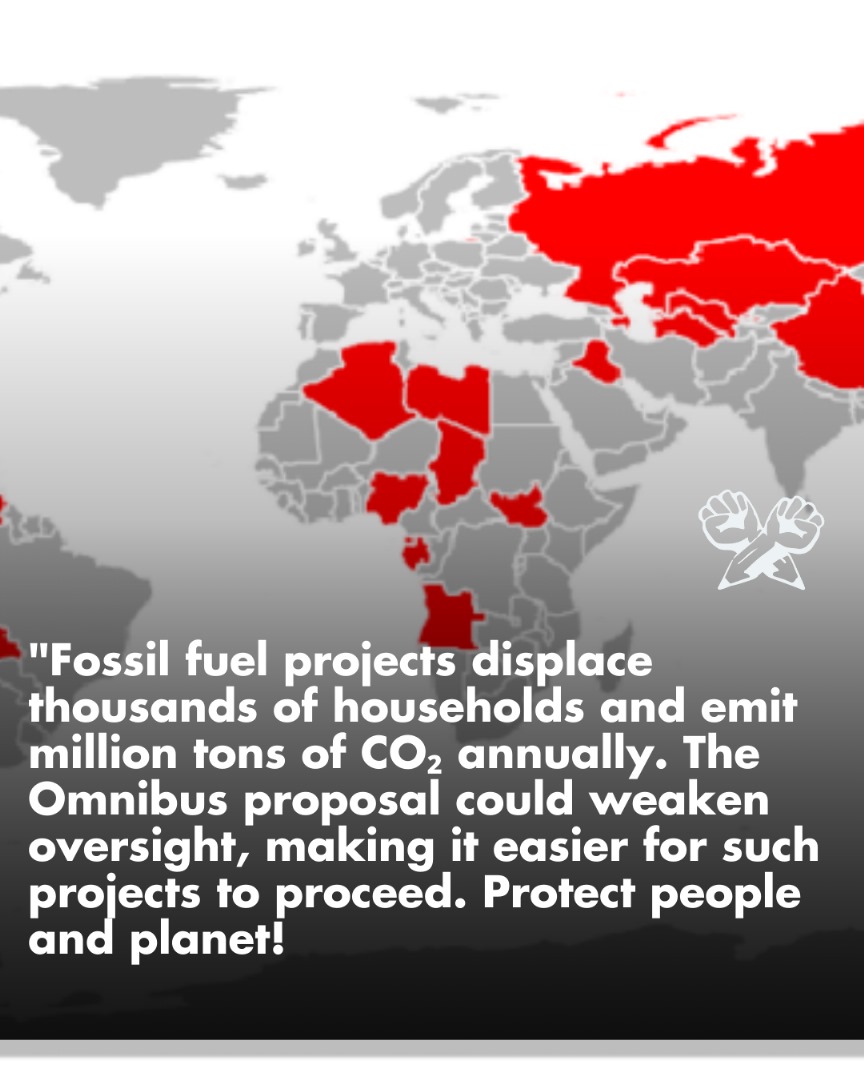 endfossiluganda's tweet image. Fossil fuel projects displace thousands of
households and emit million tons of CO₂ annually.
The Omnibus proposal could weaken oversight,
making it easier for such projects to proceed.
Protect people and planet! #JustTransitionNow
#RejectOmnibus