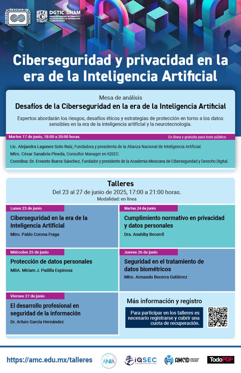 Academia Mexicana de Ciencias (@amciencias) on Twitter photo 🔐 ¿A qué retos nos enfrentamos al mantener seguros nuestros datos en tiempos de la #IA y la neurotecnología? 🤖
👨💻👩💻 Participa en estos talleres que organizamos en conjunto con <a href="/UNAMdigital/">UNAMdigital</a>
Consulta el programa completo y regístrate en 👉 amc.edu.mx/talleres 🔐 ¿A qué retos nos enfrentamos al mantener seguros nuestros datos en tiempos de la #IA y la neurotecnología? 🤖
👨💻👩💻 Participa en estos talleres que organizamos en conjunto con <a href="/UNAMdigital/">UNAMdigital</a>
Consulta el programa completo y regístrate en 👉 amc.edu.mx/talleres
