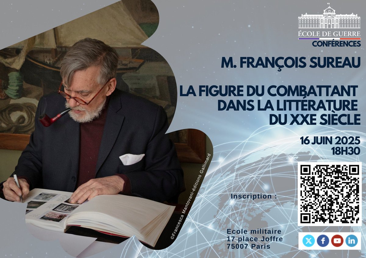 📅Le 16 juin, à 18h30, l'École de Guerre reçoit François Sureau, académicien et écrivain, pour une exploration de "La figure du combattant dans la littérature du XXe siècle". De Verdun à nos jours, comment les mots ont-ils forgé l'image du guerrier ?

🔗: paris-ecole-militaire.fr/fr/forms/confe…