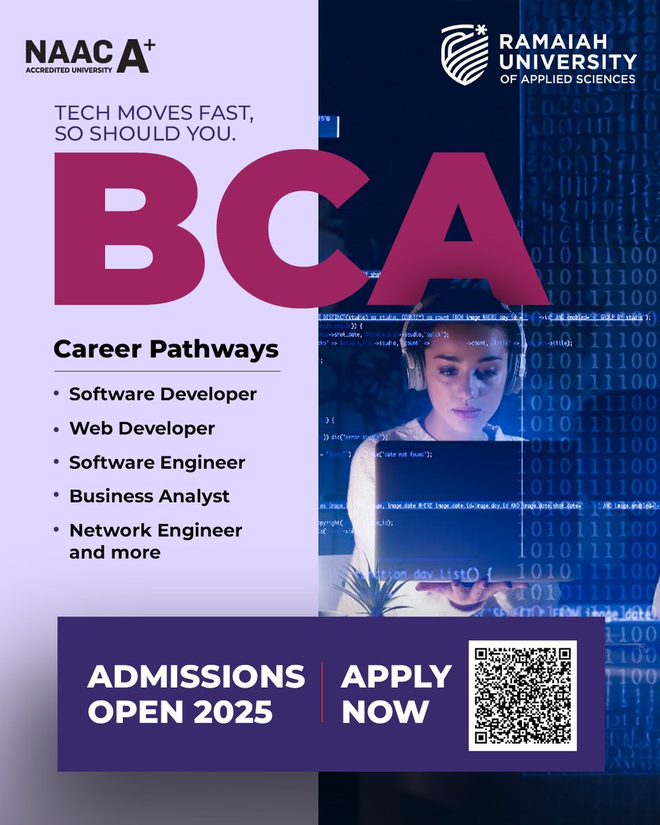 Tech moves fast, so should you.
Join the BCA programme at #RUAS and gain the skills to thrive in today’s digital world.
Admissions Open 2025
Scan the QR to apply and begin your tech journey!
