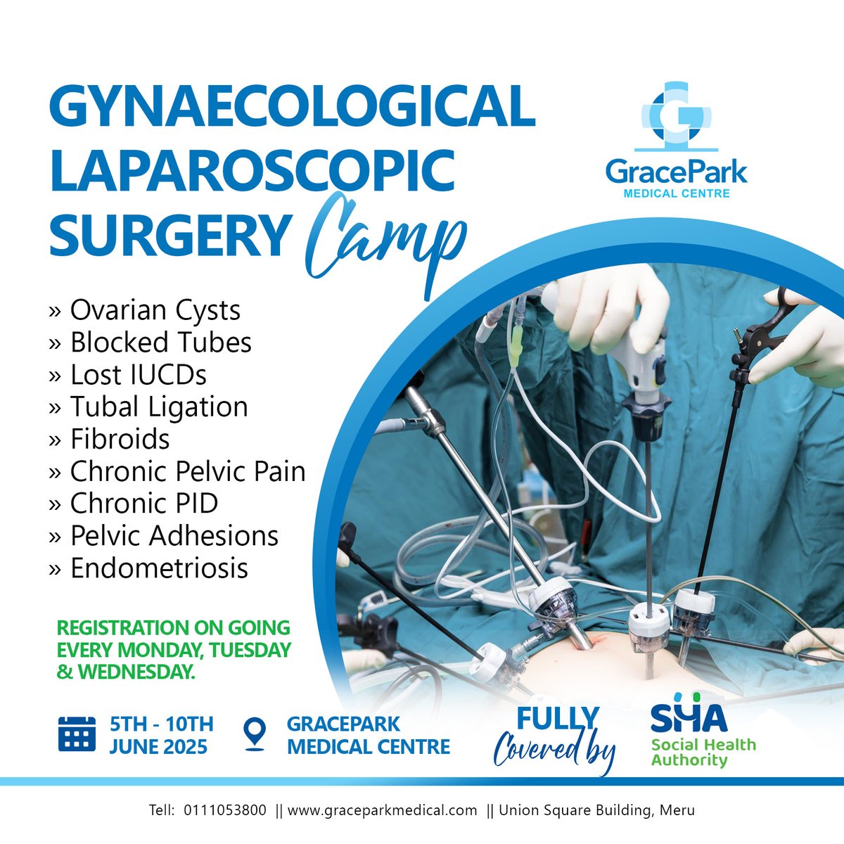 📷 𝘿𝙖𝙩𝙚 𝘾𝙝𝙖𝙣𝙜𝙚 𝘼𝙡𝙚𝙧𝙩!
Due to overwhelming public demand, the date for our upcoming Gynacological Laparoscopic camp has been brought forward! 
𝑺𝒂𝒗𝒆 𝒕𝒉𝒆 𝑫𝒂𝒕𝒆 ....
5𝒕𝒉 - 10𝒕𝒉 𝑱𝒖𝒏𝒆 2025
𝘍𝘶𝘭𝘭𝘺 𝘤𝘰𝘷𝘦𝘳𝘦𝘥 𝘣𝘺 <a href="/_shakenya/">Social Health Authority</a>
