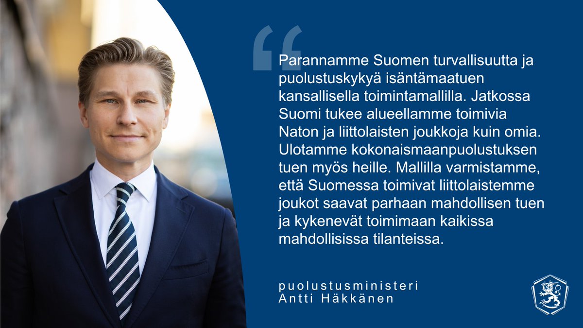 Puolustusministeriö (@defencefinland) on Twitter photo Valtioneuvosto päätti isäntämaatuen kansallisesta toimintamallista.
Puolustusministeri <a href="/anttihakkanen/">Antti Häkkänen</a>:
"Parannamme Suomen turvallisuutta ja puolustuskykyä isäntämaatuen kansallisella toimintamallilla."
Tiedote⬇️
defmin.fi/ajankohtaista/… Valtioneuvosto päätti isäntämaatuen kansallisesta toimintamallista.
Puolustusministeri <a href="/anttihakkanen/">Antti Häkkänen</a>:
"Parannamme Suomen turvallisuutta ja puolustuskykyä isäntämaatuen kansallisella toimintamallilla."
Tiedote⬇️
defmin.fi/ajankohtaista/…
