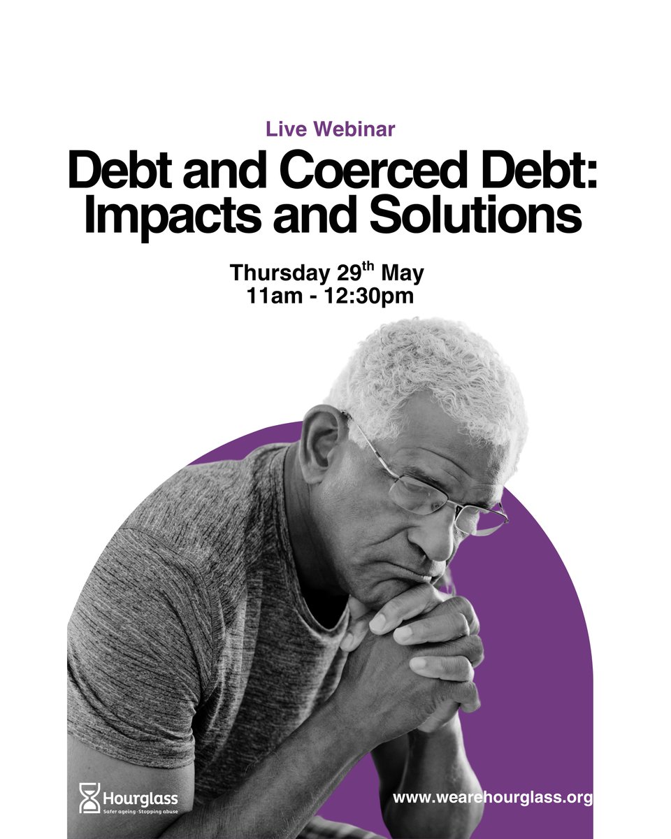 Join our Safeguarding Lead, Carrie Bower, for a 90-min webinar on debt and ageing. With StepChange, Money Wellness &amp; Hourglass, we’ll explore debt, coerced debt &amp; support for older adults. 

Book your free place: eventbrite.co.uk/e/debt-and-coe…

#saferageing #webinar #coerceddebt