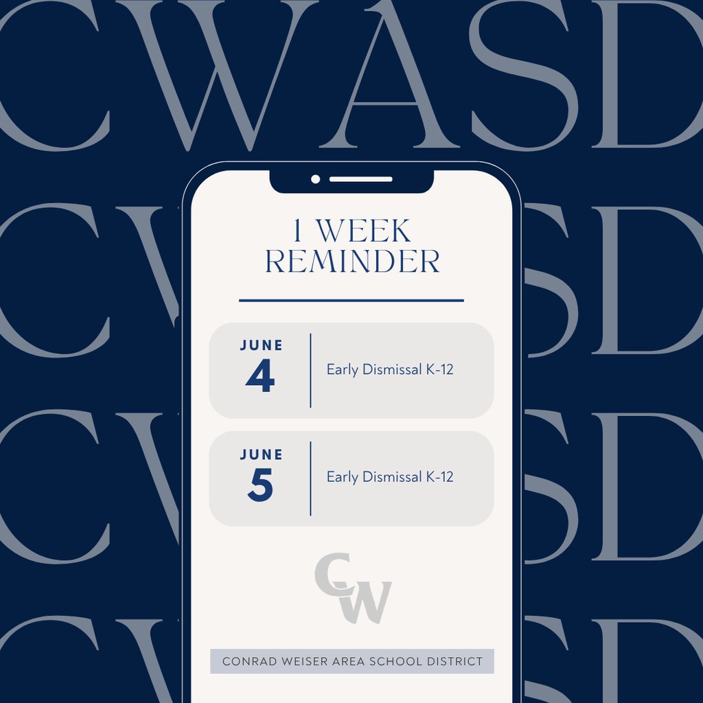🚌💙🎓 Reminder! Next week, K-12 students will have early dismissals on Wednesday, June 4, and Thursday, June 5.

⏰Dismissal Times:
HS @ 10:40
MS @ 10:45
ES @ 11:45

#WeAreWeiser