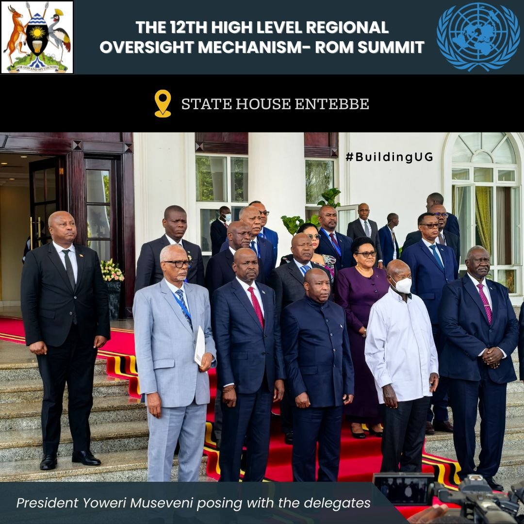 AijukaPatra's tweet photo. President Yoweri Museveni posing with the delegates at the 12th High-Level Regional Oversight Mechanism (ROM) Summit at State House Entebbe.
#ROM12
#PeaceAndSecurity
#GreatLakesAfrica https://t.co/GxbE4zGV0X