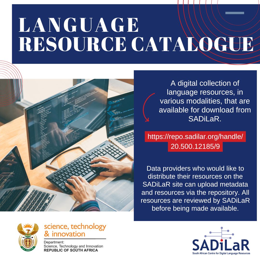 SADiLaR_ZA's tweet image. 📚✨ Discover our Language Resources Catalogue – a digital collection of downloadable language materials in different formats! Available now on the SADiLaR repository. Explore and download today! 🔍💬

#LanguageResources #SADiLaR #DigitalLinguistics