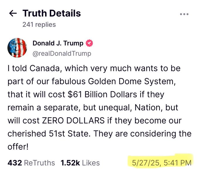 TrueEager's tweet photo. IQ47 lies to his own people.
Canada is NOT AT ALL considering selling itself to the USA for $61B in exchange for a Golden Dome scheme that'll probably be as effective as the "golden dome" he purchased for his own head.
This is IQ47, sad the moment is NOT about him.
#FuckOffEh https://t.co/vRAjwVFQTI