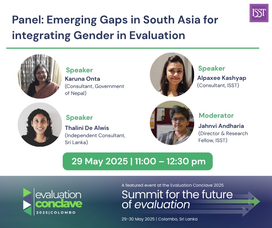 Institute Of Social Studies Trust (ISST) (@of_isst) on Twitter photo ISST at #EvalConclave2025
Panel: Emerging Gaps in South Asia for Integrating Gender in Evaluation
🎤 <a href="/OntaKaruna/">Karuna Onta</a> | Thilini De Alwis | <a href="/alpaxee/">Alpaxee Kashyap</a> Kashyap
🎙️ Moderator: <a href="/AndhariaJahnvi/">Jahnvi Andharia</a>
<a href="/CoE_SouthAsia/">CoE-SA</a> <a href="/unfpa_eval/">UNFPA Independent Evaluation Office</a> <a href="/Eval_Youth/">EvalYouth Global Network</a> <a href="/eval_gpf/">GPF for Evaluation</a> <a href="/IOCE_eval/">IOCE_eval</a>
#Eval4Action ISST at #EvalConclave2025
Panel: Emerging Gaps in South Asia for Integrating Gender in Evaluation
🎤 <a href="/OntaKaruna/">Karuna Onta</a> | Thilini De Alwis | <a href="/alpaxee/">Alpaxee Kashyap</a> Kashyap
🎙️ Moderator: <a href="/AndhariaJahnvi/">Jahnvi Andharia</a>
<a href="/CoE_SouthAsia/">CoE-SA</a> <a href="/unfpa_eval/">UNFPA Independent Evaluation Office</a> <a href="/Eval_Youth/">EvalYouth Global Network</a> <a href="/eval_gpf/">GPF for Evaluation</a> <a href="/IOCE_eval/">IOCE_eval</a>
#Eval4Action
