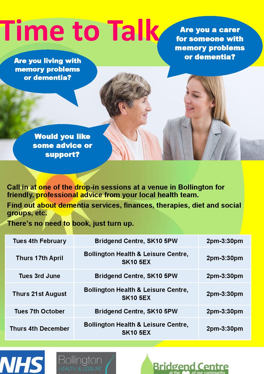 On Friday 3rd June at 2:00pm, we are hosting another 'Time to Talk' session here at the Bridgend Centre. The sessions are a great opportunity to speak to experts on dementia services, finances, therapies, diet, plus much more.

There is no need to book, you can just turn up.