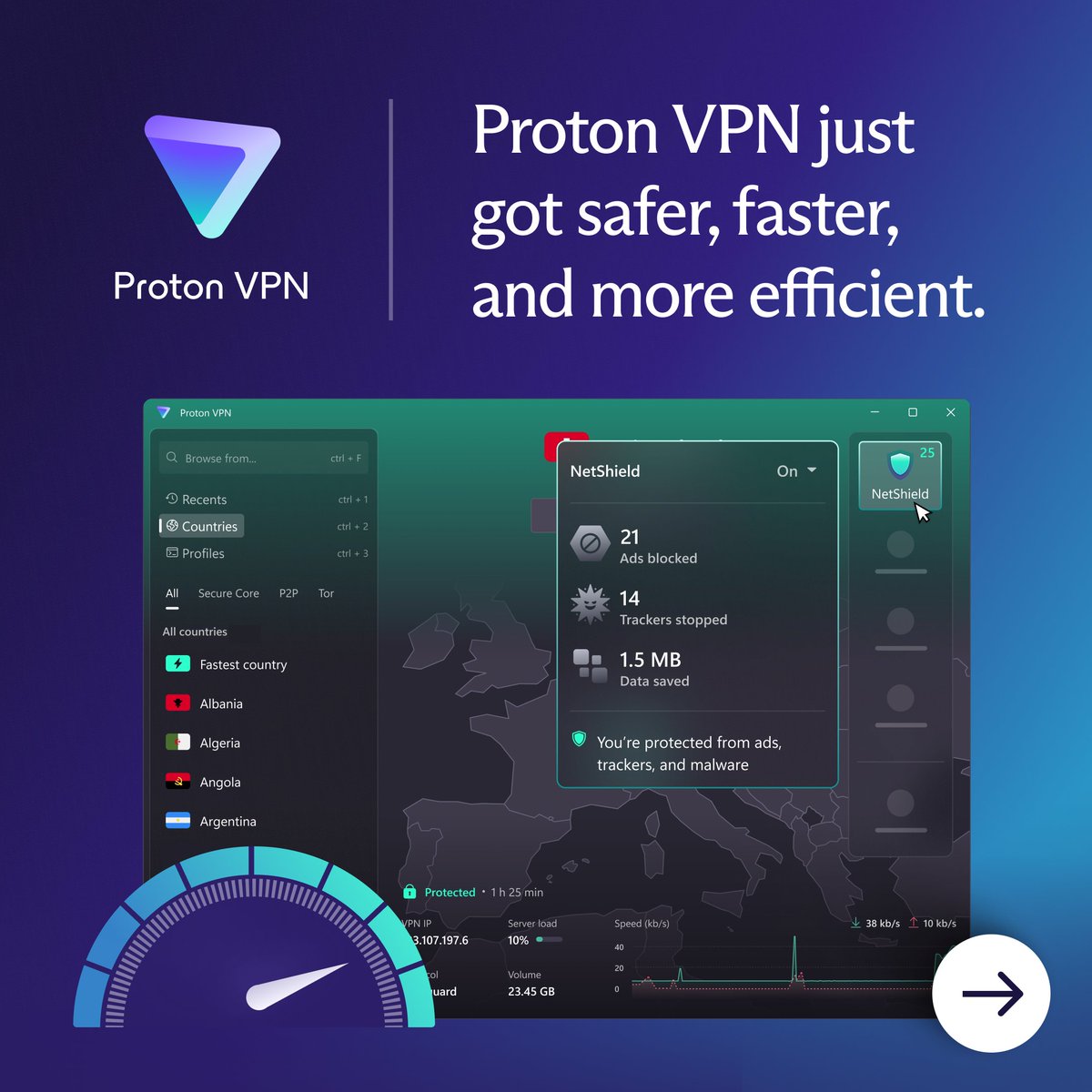 Proton VPN is now safer, faster, and easier on your battery.

Here are the three MUST-SEE, but quiet improvements that make a BIG difference 👇

1/3