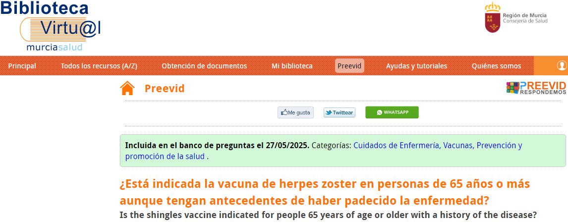 (Preevid) ¿Está indicada la vacuna de herpes zoster en ≥65 años o más a pesar de haber padecido la enfermedad?
✔️ Sí se recomienda vacunar a estos pacientes (reduce recurrencia)
 🕐 Esperar 6-12 meses tras el episodio agudo.
murciasalud.es/preevid/26404