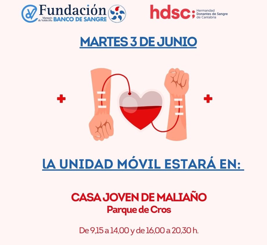 📅Este martes, 3 de junio, te esperamos en:
📍Casa Joven de #MALIAÑO 

Si quieres donar #sangre o #plasma, puedes pedir #citaprevia:

📲en la app del Banco de #Sangre y #Tejidos de #Cantabria 

🖥en la web de la Fundación Marqués de #Valdecilla o

🤳en el 640244120

#donavida