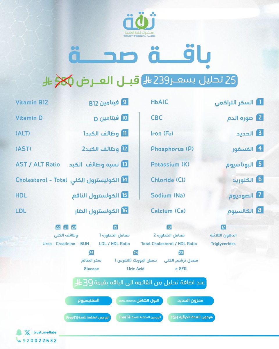باقة صحة الشاملة – 25 تحليل بـ239 ريال فقط
فحوصات دقيقة تطمّنك على صحتك من الألف إلى الياء
سحب منزلي مريح وآمن وتقسيط عبر تمارا
اطلبها الآن من مختبرات ثقة