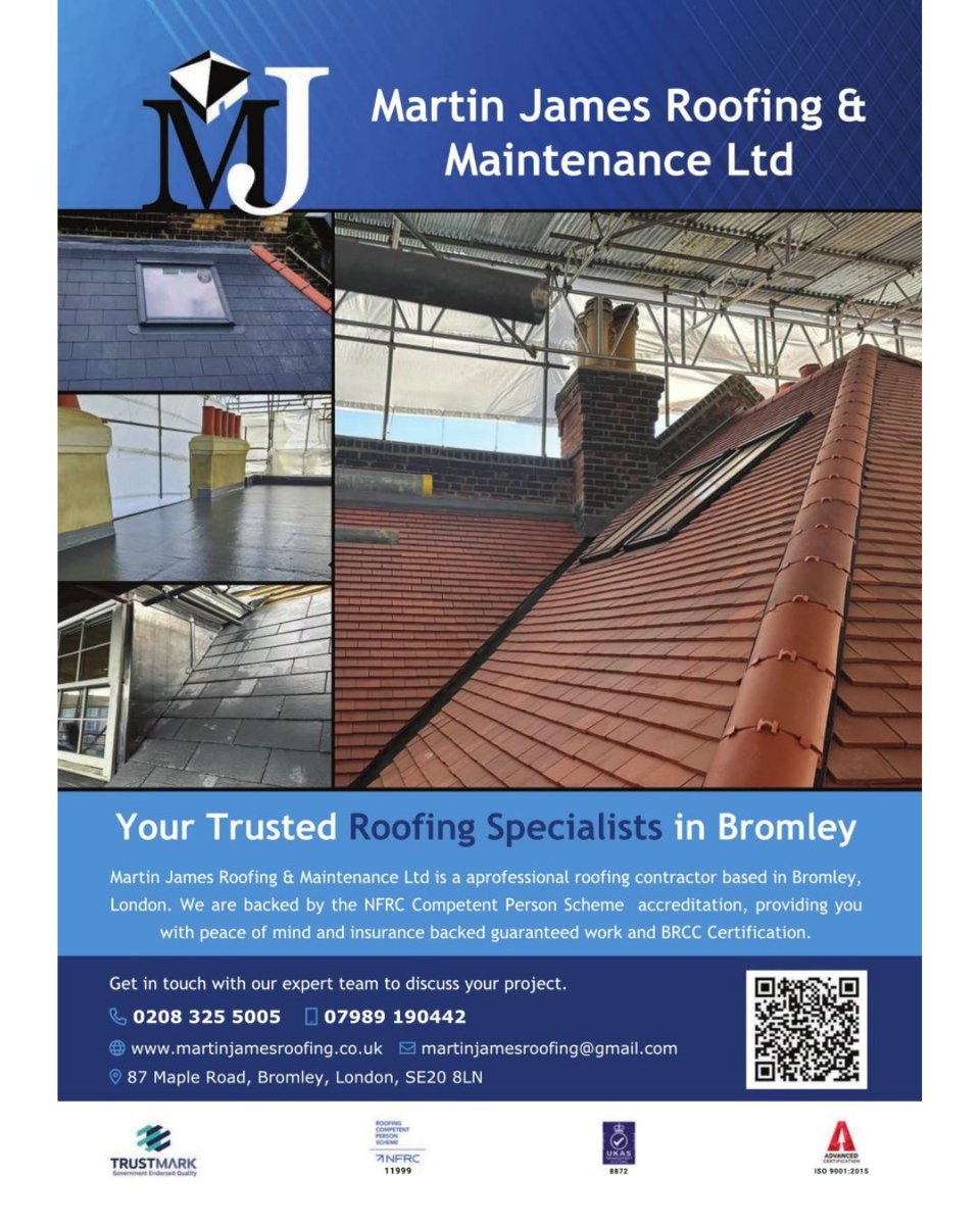 ⭐️ Recommended Supplier: Martin James Roofing &amp; Maintenance Ltd ⭐️

They're your trusted roofing specialist in Bromley, offering professional, fully accredited services backed by the NFRC Competent Person Scheme. 

📞 0208 325 5005 / 07989 190442