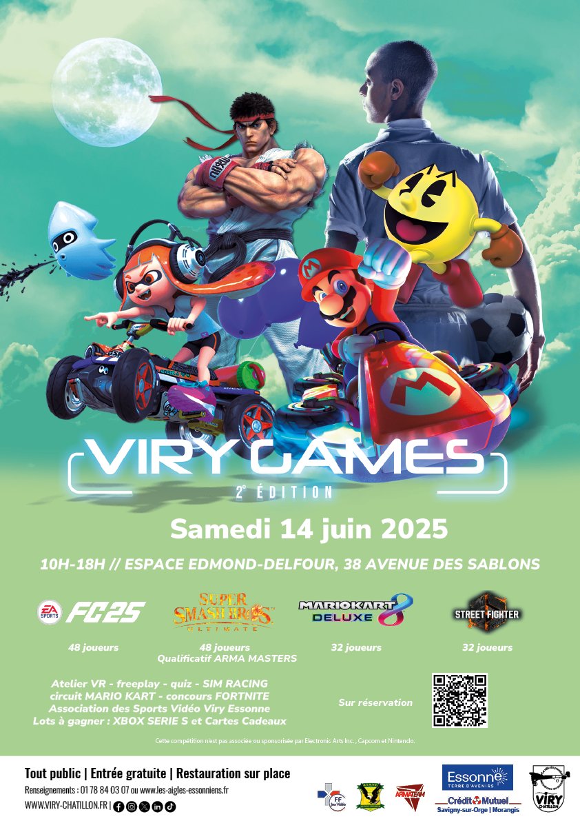 🎮 La FFJV soutient la 2e édition des Viry Games !
📅 14 juin | 📍 Viry-Chatillon | 🕹️ Tournois, VR, quiz, SIM Racing &amp; +
🎁 Lots à gagner | 🎟️ Entrée gratuite
🔗 les-aigles-essonniens.fr/viry-games-2-p…
#eSport #ViryGames #FFJV