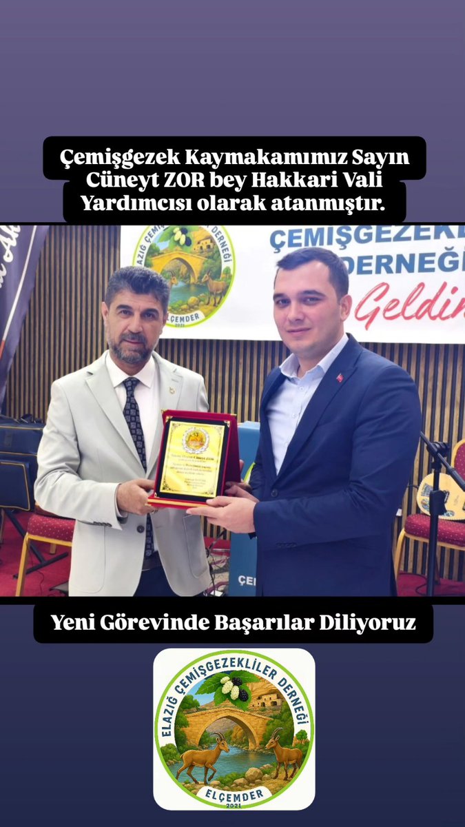 ELÇEMDER 
Çemişgezek Kaymakamımız Sayın Cüneyt ZOR Hakkari Vali Yardımcısı olarak atanmıştır.Çemişgezeke yaptığı hizmetler ve bıraktığı güzel izler için tüm hemşehrilerimiz adına teşekkür ediyor Sayın Valimize yeni görevinde başarılar diliyoruz...
@cemisgezekkaymakamligi