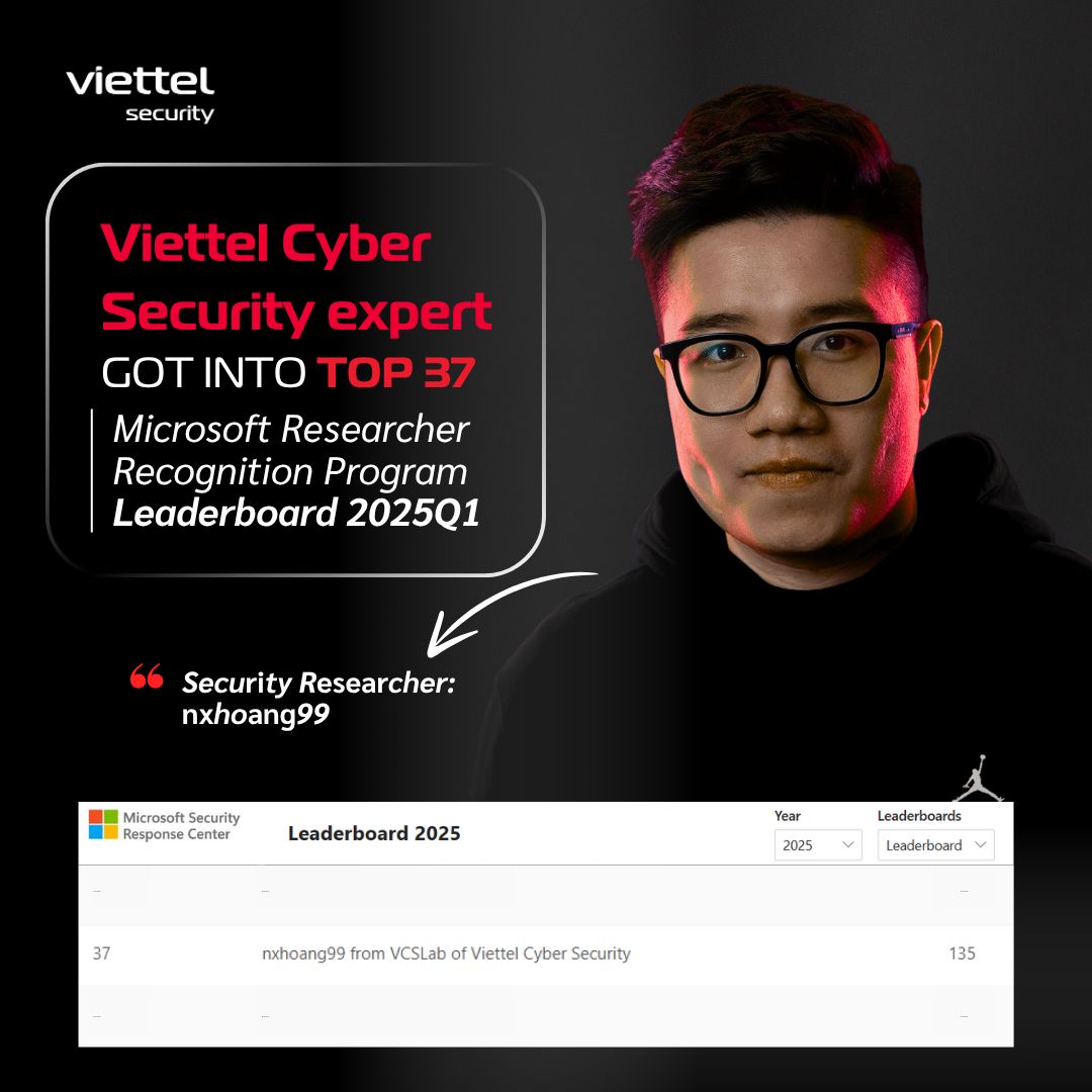 ViettelCyberSec's tweet photo. 🏆🏆 🏆 Huge Congratulations to VCS Cybersecurity Expert Ranked #37 Globally in Microsoft’s Most Valuable Researcher List Q1/2025!
We’re thrilled to celebrate a major milestone as Nguyen Xuan Hoang (HoangNX), a cybersecurity researcher from the VCS Research Team, has officially ranked #37 on the Microsoft Most Valuable Researcher (MVR) list!