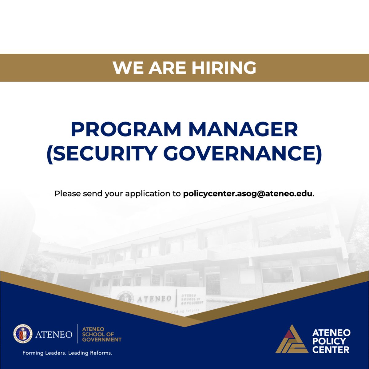 The Ateneo School of Government, through the Ateneo Policy Center, is seeking qualified candidates for the Program Manager (Security Governance) position.

For more information, please visit ateneo.edu/news/opportuni…

The deadline for the submission of application is June 30, 2025.