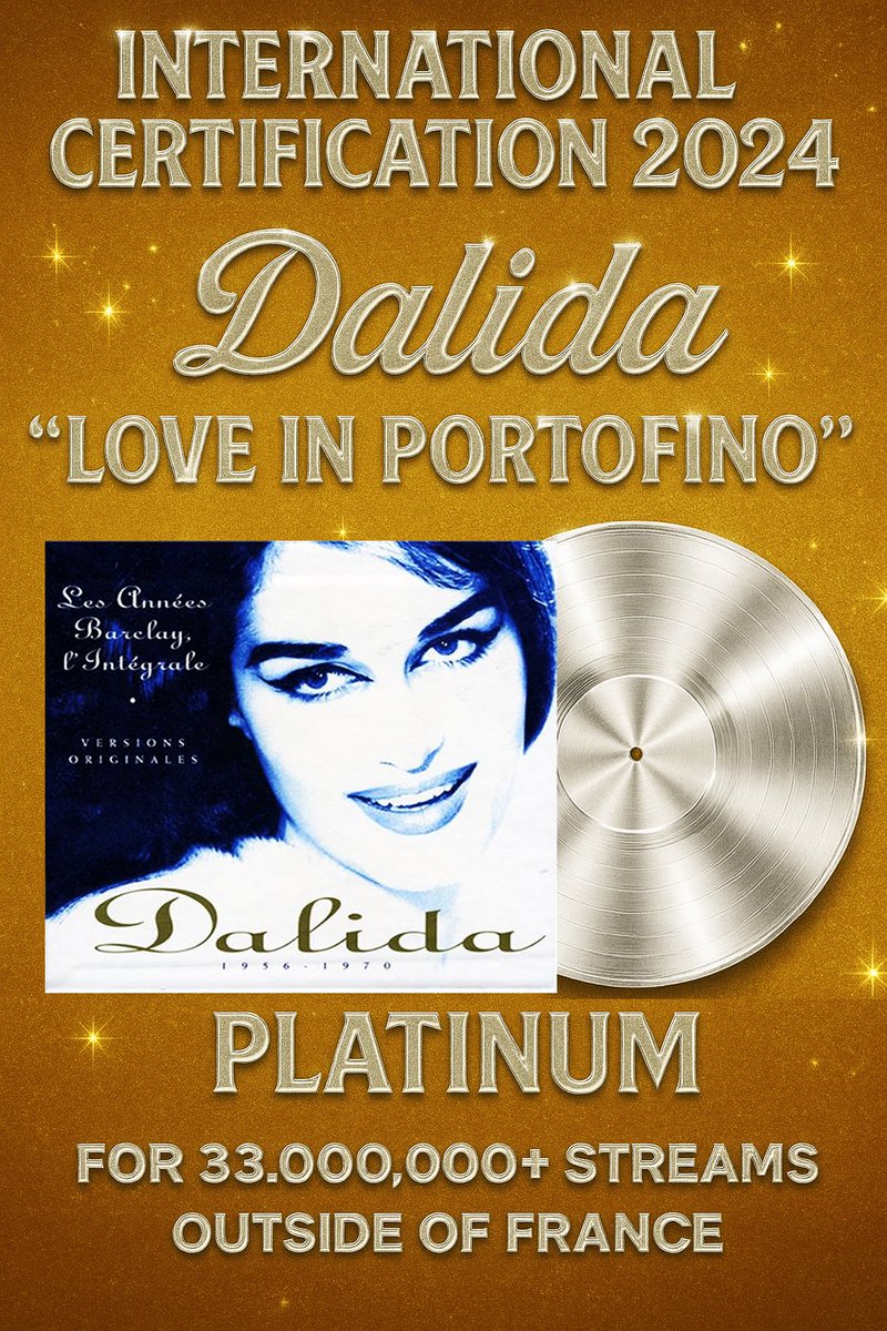 NOUVELLE RÉCOMPENSE INTERNATIONALE POUR DALIDA ! 
#Dalida vient de recevoir un Disque de Platine International pour #LoveInPortofino, avec plus de 33 millions de streams hors de France 
Cette chanson intemporelle, continue d’émouvoir les cœurs du monde entier.

#disquedeplatine