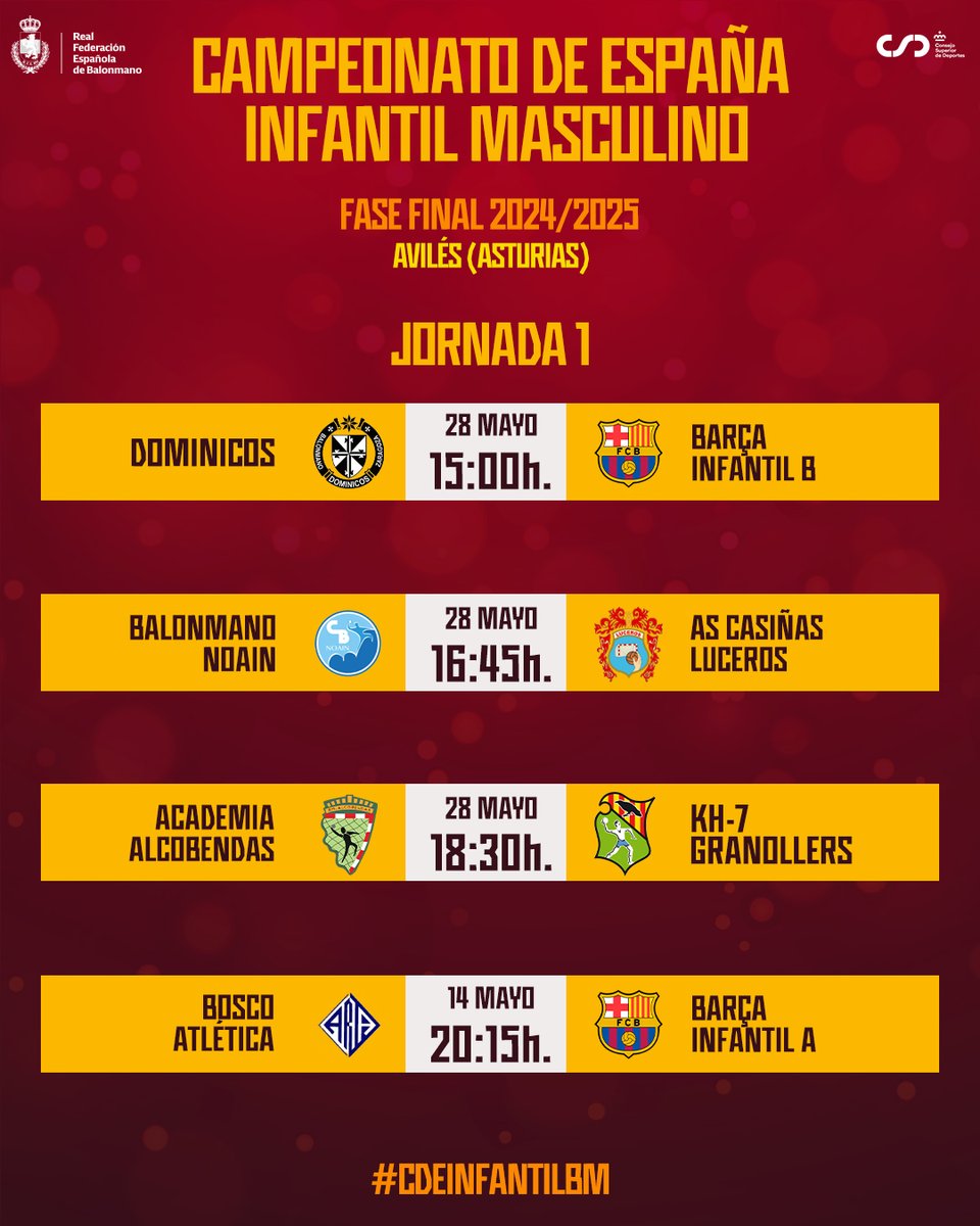 ⏰ ¡Estos son los 𝒉𝒐𝒓𝒂𝒓𝒊𝒐𝒔 de la Jornada 1 del los #CDEInfantilBM que arrancan hoy!

#️⃣ #Balonmano #Handball