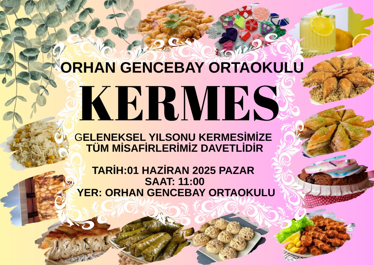 El emeği göz nuru birbirinden güzel hediyelik eşyalar börekler ev tatlıları pastalar sarmalar hediye çekilişleri ve nefis döner ziyafeti sizleri bekliyor.
    1 Haziran Pazar Günü sizleride Kermesimizde  aramızda görmekten mutluluk duyarız. 
Yer: Orhan Gencebay Ortaokulu bahçesi