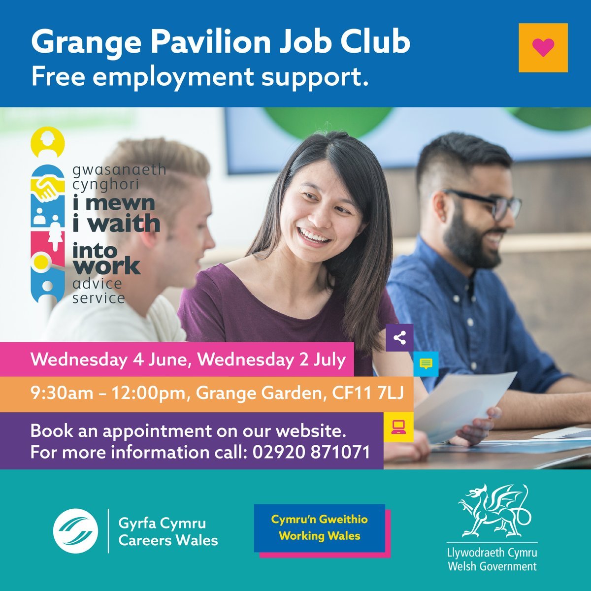 Local to #Grangetown 📍   

We’re working with <a href="/IntoWorkCardiff/">Into Work Advice Service</a>
to offer appointments at the Grange Pavilion Job Club.   📆Wednesday 4 June
⏰9:30am – 12:00pm
📍Grange Garden, CF11 7LJ   Book your appointment on our website👇🏿

workingwales.gov.wales/contact-us

#HomeEdWales #homeeducation