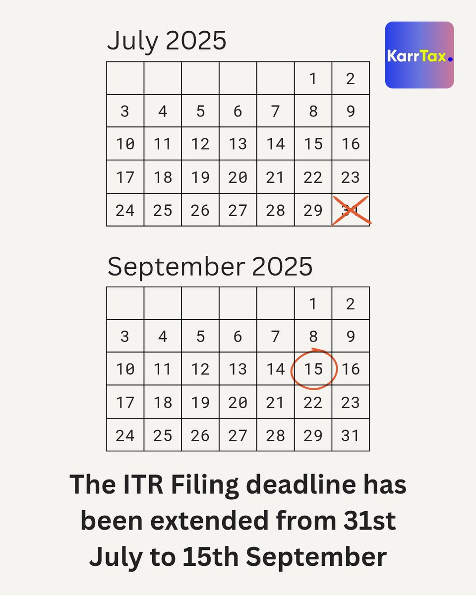 Karr_Tax's tweet photo. 🚨 ITR Filing due date has been extended!

Follow @Karr_Tax for the updates! https://t.co/tKjLra6hGJ