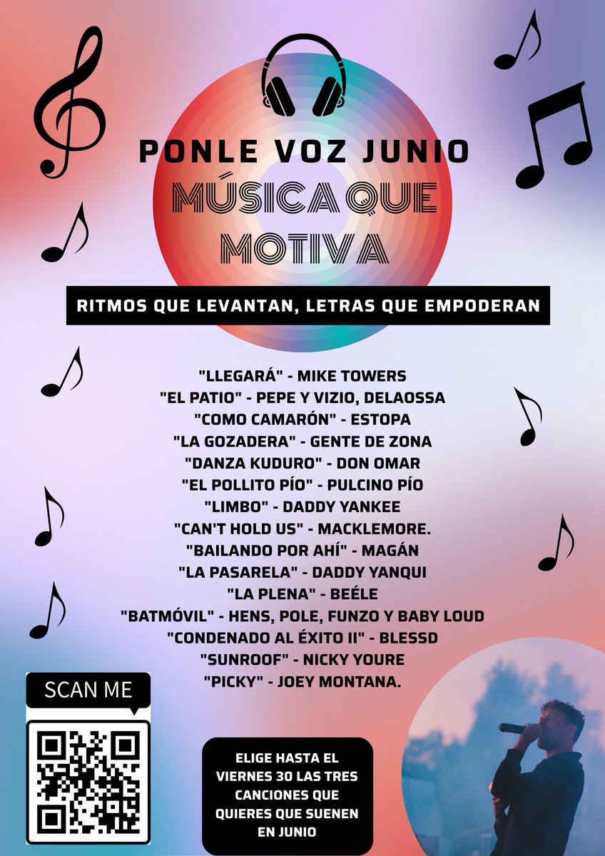forms.office.com/e/sx6cgE8uz9
Última votación de Ponle Voz.
🎧 Canciones 100% elegidas por el alumnado: motivación, energía y mucho ritmo.
¿Son las que elegiríamos los profes? Tal vez no… ¡pero hay que darles voz!
👉 Vota tus 3 favoritas antes del viernes 30
#PonleVoz #LagunaConecta