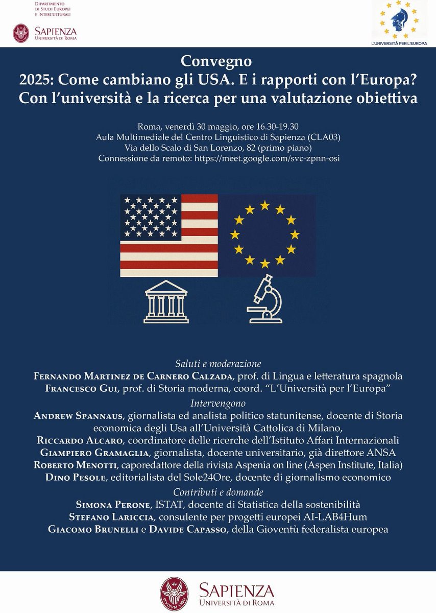 Riccardo Alcaro (@ric_alcaro) on Twitter photo Questo venerdì alle 17:30 parlerò con Andrew Spannaus, Roberto Menotti e altri della incerta direzione futura delle relazioni fra Europa e Stati Uniti
Alle 16:30 alla Sapienza, sede di Via Scalo di San Lorenzo
Link per connessione remoto nella locandina
<a href="/IAIonline/">Istituto Affari Internazionali - IAI</a> Questo venerdì alle 17:30 parlerò con Andrew Spannaus, Roberto Menotti e altri della incerta direzione futura delle relazioni fra Europa e Stati Uniti
Alle 16:30 alla Sapienza, sede di Via Scalo di San Lorenzo
Link per connessione remoto nella locandina
<a href="/IAIonline/">Istituto Affari Internazionali - IAI</a>