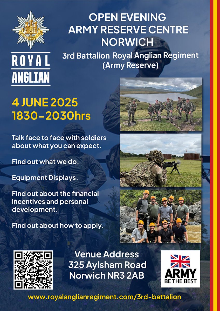 RAnglians's tweet photo. Our team of Army Reservists are holding an Open Evening at the Army Reserve Centre in Norwich on 4 June 2025. https://t.co/2W3dfHl773

#Norwich #Norfolk #ArmyReserve #RoyalAnglians #Soldiers #FindOutMore @EastAngliaRFCA https://t.co/uxdpZGSGFw