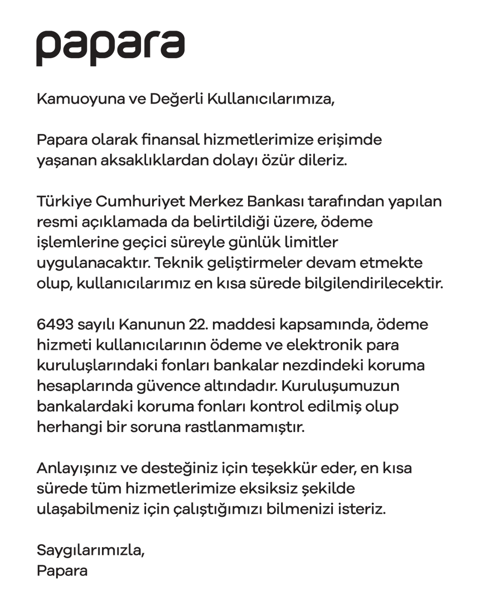 Papara's tweet photo. Kamuoyunun ve kullanıcılarımızın bilgisine sunarız.
🔗: https://t.co/759CwPbSW6 https://t.co/PBVrc9nxGK