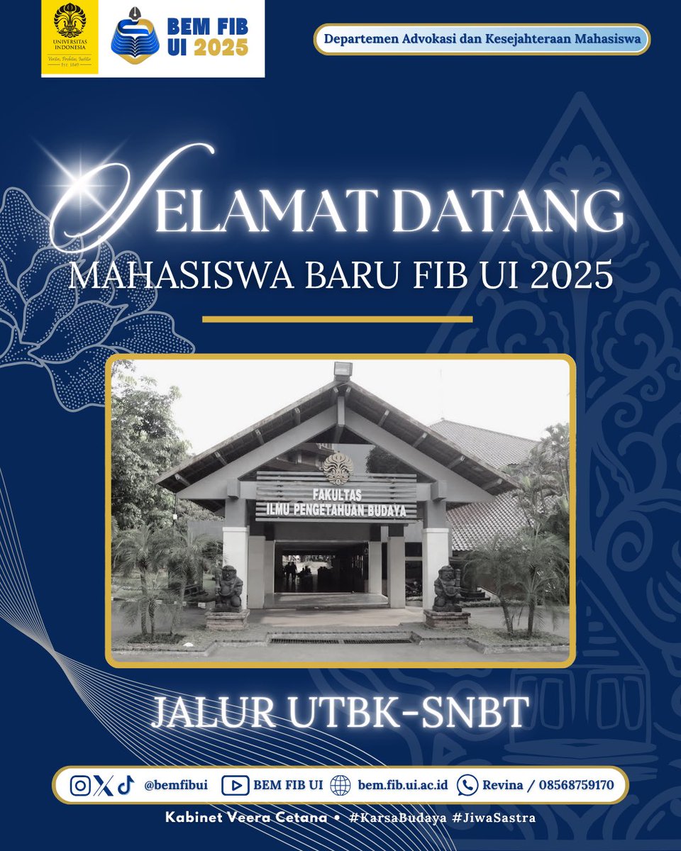 [SELAMAT DATANG MAHASISWA BARU FIB UI 2025 JALUR SNBT-UTBK] 

Halo, Mahasiswa Baru FIB UI 2025!

Selamat kepada kalian yang telah diterima melalui Jalur SNBT-UTBK dan telah menjadi bagian keluarga Fakultas Ilmu Pengetahuan Budaya Universitas Indonesia tahun 2025! 🎉