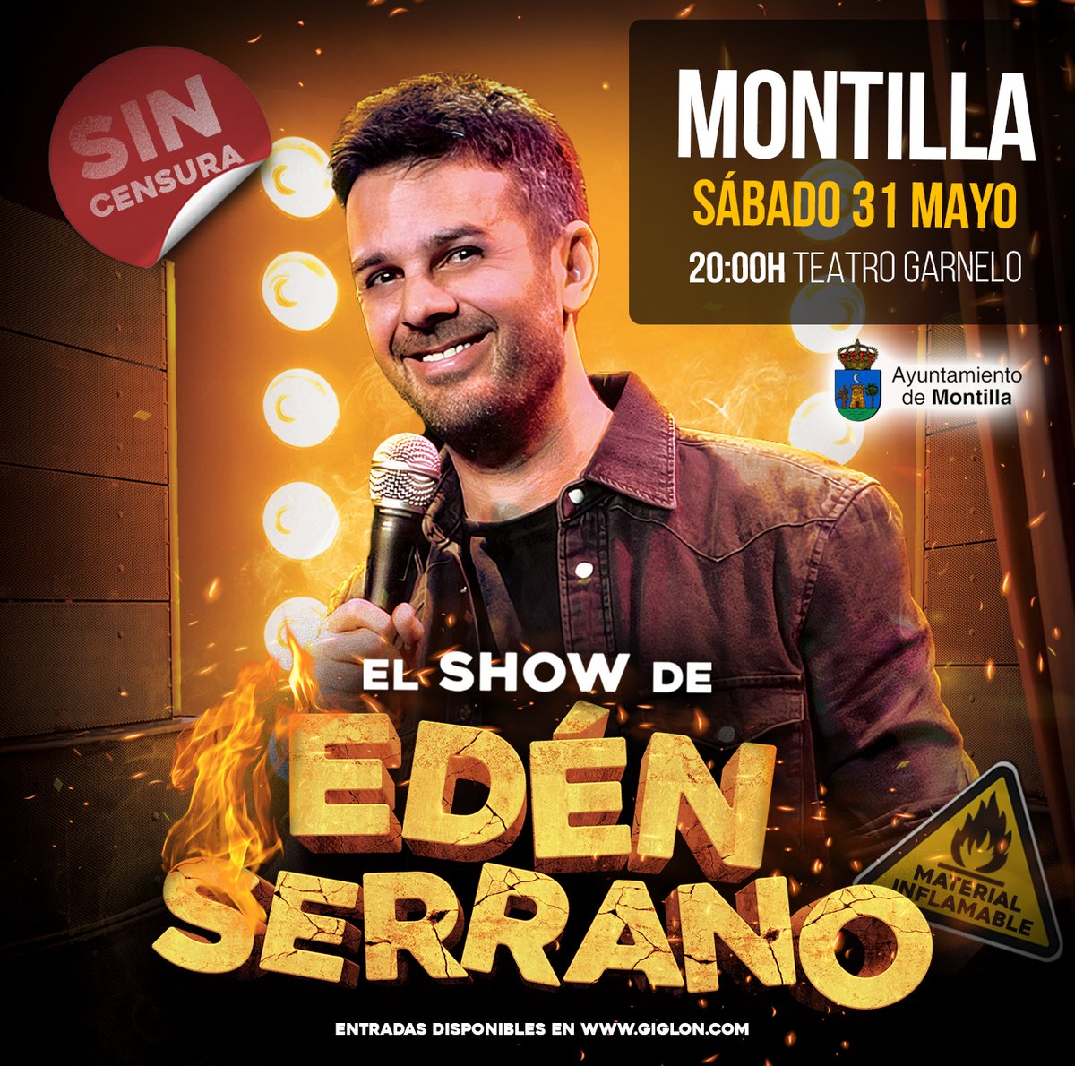 🎤¡No te pierdas “EL SHOW DE EDÉN SERRANO en el Teatro Garnelo -Montilla, sábado 31 de mayo a las 20:00h!😂
 ¡Prepárate para una noche de   humor sin filtros! 
 🎟Compra tus entradas aquí: 👇   giglon.com/ca/todos?idEve… 
 #Montilla #humor #monologos