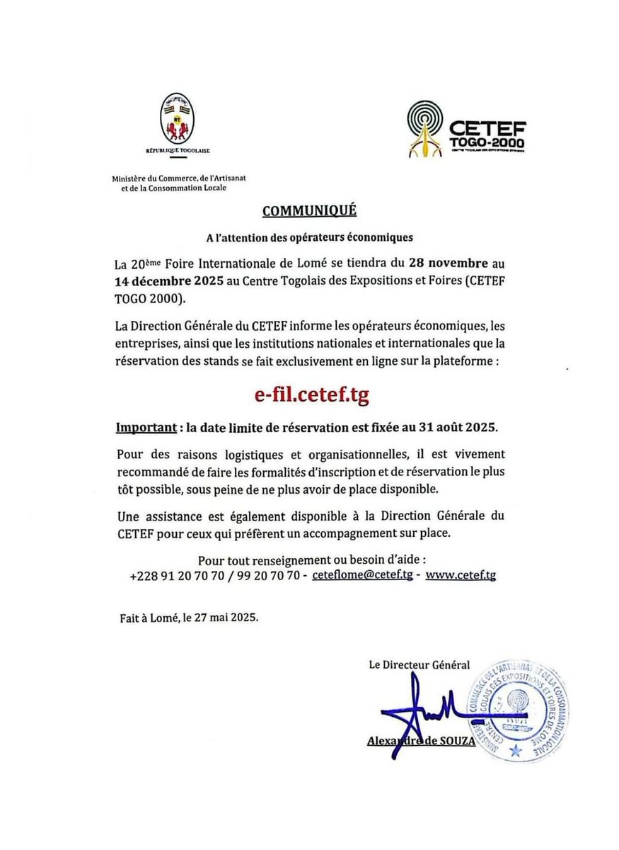 Ministère du Commerce - TOGO (@commercegouvtg) on Twitter photo #Denyigban
#Togo🇹🇬
#FIL20
#FIL2025
La 20e Foire Internationale de Lomé se tiendra du 28.11.2025 au 14.12.2025 au Centre Togolais des Expositions et Foires (<a href="/CETEFTOGO2000/">CETEF TOGO 2000</a>).
La réservation des stands se fait exclusivement en ligne sur la plateforme e-fil.cetef.tg
👇🏽 #Denyigban
#Togo🇹🇬
#FIL20
#FIL2025
La 20e Foire Internationale de Lomé se tiendra du 28.11.2025 au 14.12.2025 au Centre Togolais des Expositions et Foires (<a href="/CETEFTOGO2000/">CETEF TOGO 2000</a>).
La réservation des stands se fait exclusivement en ligne sur la plateforme e-fil.cetef.tg
👇🏽