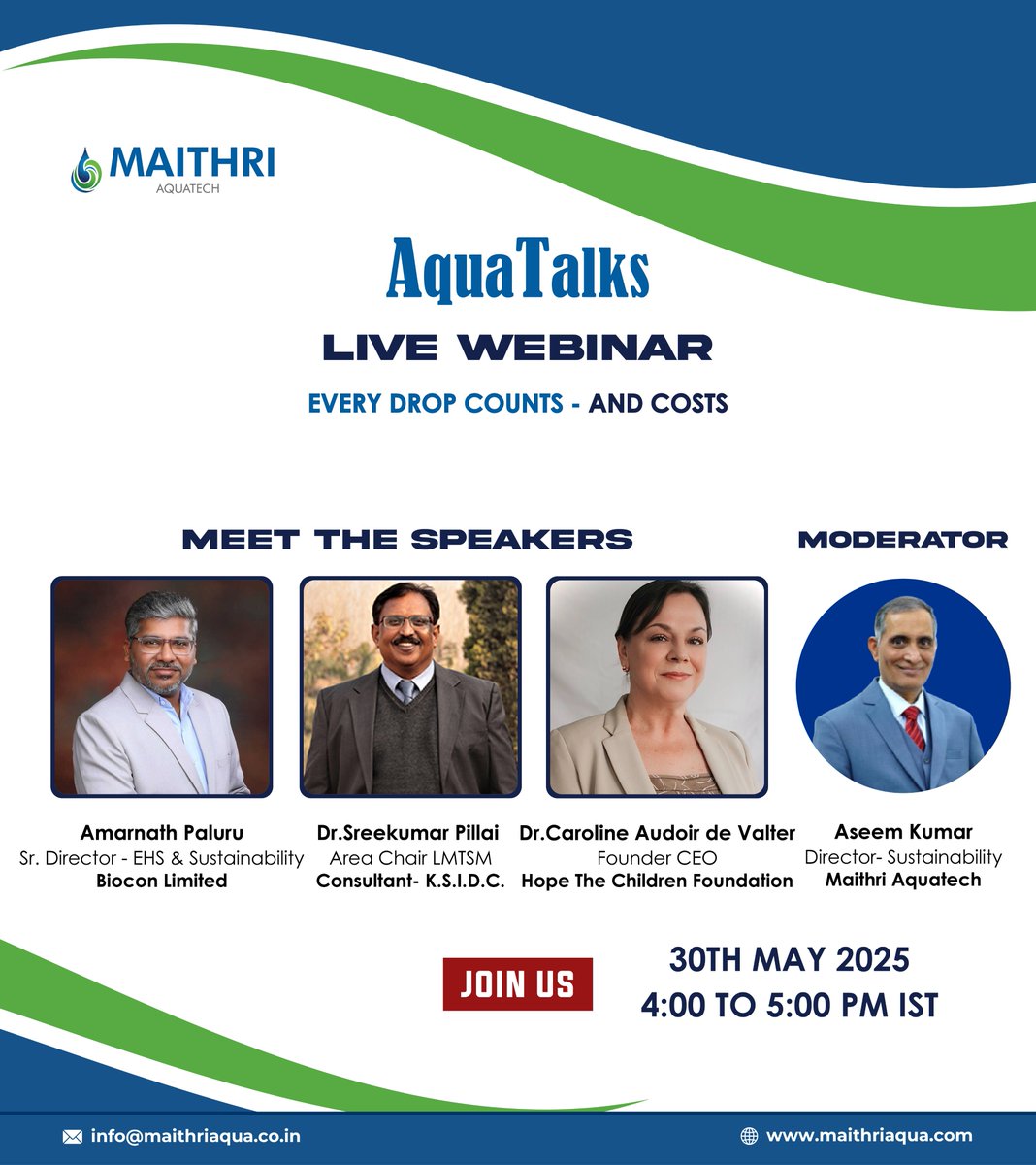 We invite you to AquaTalks: Every Drop Counts—And Costs - our flagship webinar featuring eminent industry leaders!  

📅 Friday, 30th May 2025
📷 4:00–5:00 PM IST
📍 MS Teams (bit.ly/4k7dV4a)  

#aquatalks #aquatalks2025 #meghdoot #waterfromair #watersecurity