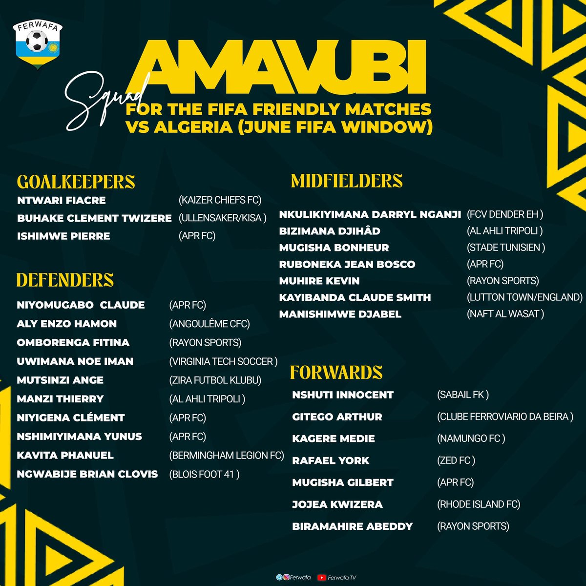 Adel Amrouche yahamagaye Abakinnyi azakoresha mu mikino ya gicuti 

Kayibanda Claude| Luton Town 
Nkulikiyimana DarryL ( FCV Dender EH) 
Kagere Meddy ( Namungo ) 
Noe Uwimana ( Virginia Tech Soccer ) 

Harimo amasura mashya n’abandi batari baherutse Call-Up 

Harabandi basigaye ?