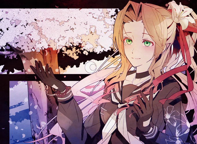 お花の世話してたらすっかり遅くなっちゃった総長エアリス夜空を照らす月は最近親しくなった後輩と雰囲気が似てる、そう思いながら桜の木の元に佇む彼女と共に時間を過ごしたあの桜の木…みたいなエア単品絵に見せかけた概念エアティ 