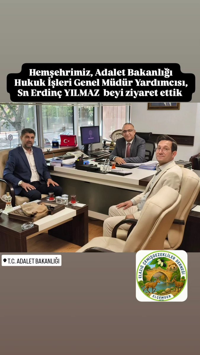 ELÇEMDER 
Adalet Bakanlığı Hukuk İşleri Genel Müdür Yardımcısı kıymetli Hemşehrimiz Sn Erdinç YILMAZ beyi makamında ziyaret ettik.Eskileri yad edip fikir alışverişinde bulunduk.Bizleri nazikadaket kabulleri ve ilgileri için teşekkür ediyorum