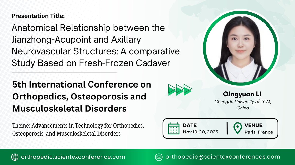 Laura Valentin (@laurava48000861) on Twitter photo 🌟 Exciting Announcement! 🌟
Join us at the 5th International Conference on Orthopedics, Osteoporosis, and Musculoskeletal Disorders in Paris, France, on November 19-20, 2025.
Learn more about Qingyuan Li: orthopedic.scientexconference.com/speakers/Qingy…
#Orthopedics #Osteoporosis #Scientexconferences 🌟 Exciting Announcement! 🌟
Join us at the 5th International Conference on Orthopedics, Osteoporosis, and Musculoskeletal Disorders in Paris, France, on November 19-20, 2025.
Learn more about Qingyuan Li: orthopedic.scientexconference.com/speakers/Qingy…
#Orthopedics #Osteoporosis #Scientexconferences