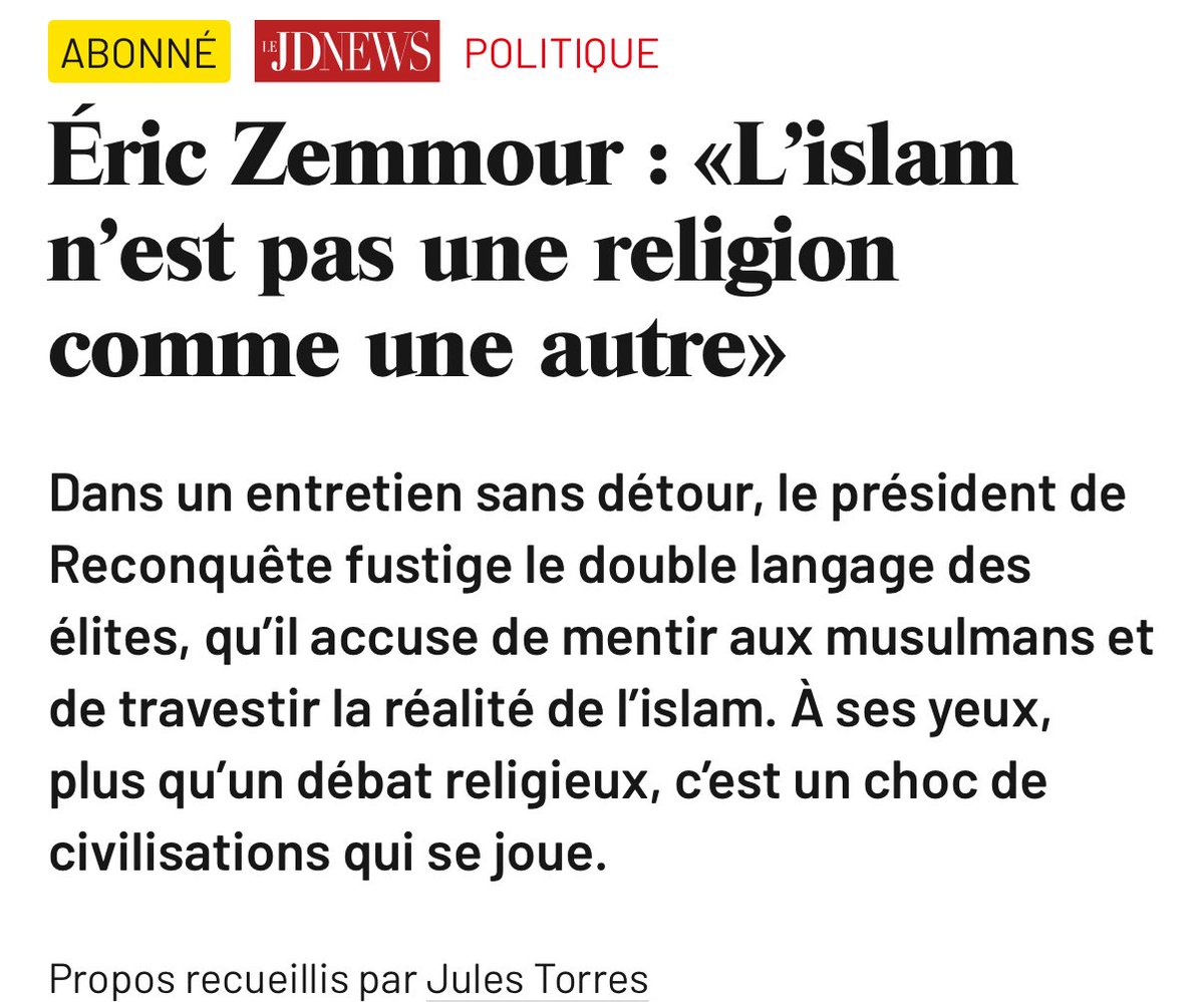 Nos dirigeants laissent s’installer sur notre sol un autre peuple, une autre civilisation qui a une revanche historique à prendre.

🗞️ Lisez mon entretien dans le <a href="/leJDD/">Le JDD</a> : lejdd.fr/politique/eric…