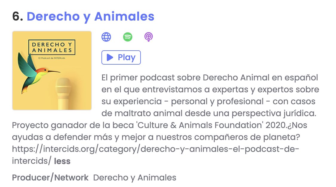 Derecho y Animales el Podcast de INTERcids (@derechopodcast) on Twitter photo ¡Gracias por esta mención entre los mejores podcasts de Derecho Animal! Es un privilegio estar entre tantos referentes y tomamos buena nota de los que aún no conocíamos 🎙️ ❤️ <a href="/MillionPodcasts/">Million Podcasts</a> millionpodcasts.com/animal-rights-… ¡Gracias por esta mención entre los mejores podcasts de Derecho Animal! Es un privilegio estar entre tantos referentes y tomamos buena nota de los que aún no conocíamos 🎙️ ❤️ <a href="/MillionPodcasts/">Million Podcasts</a> millionpodcasts.com/animal-rights-…
