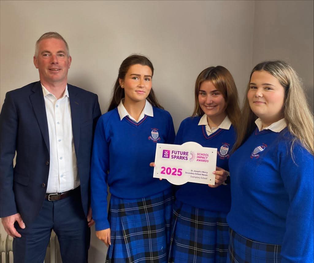 AIB Future Sparks “Most Exemplary School”

Sixth Year LCA students Libby, Orlaith and Fiona and their Hair and Beauty teacher, Ms. Dignam were proudly presented with the AIB Future Sparks “Most Exemplary School” award by Conor Corry of AIB Navan. <a href="/AIBIreland/">AIB</a>