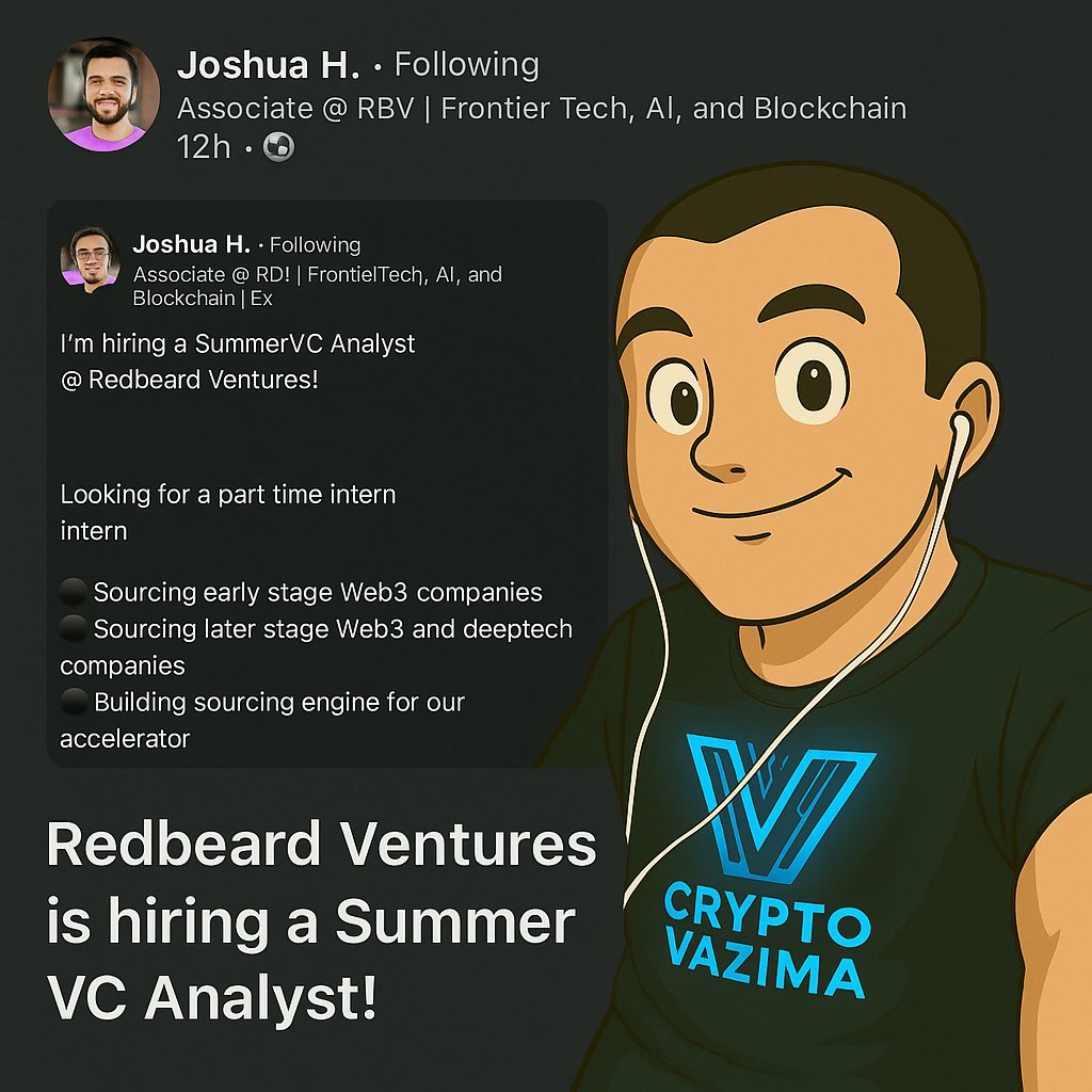 crypto_vazima's tweet photo. ๐ Redbeard Ventures is hiring a Summer VC Analyst!
Great for anyone looking to break into Web3 and venture capital while working directly with the founder.
Remote, part-time, and mentorship included!
#Web3Jobs #VCJobs #CryptoCareers https://t.co/TpPDcOFenX