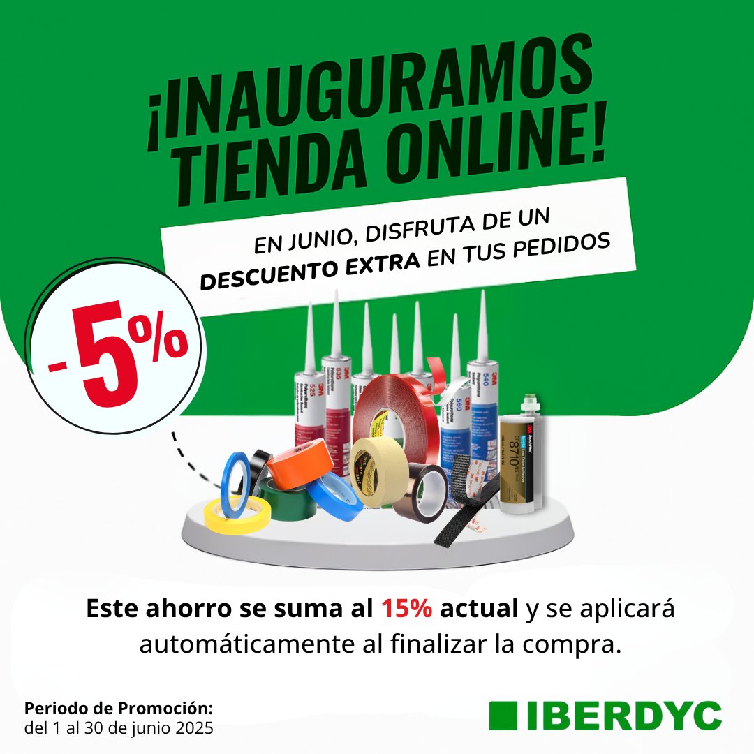 iberdyc_com's tweet photo. 🟩 ¡INAUGURAMOS TIENDA ONLINE!

En junio, disfruta de un 5% EXTRA en tus pedidos.
Este ahorro se suma al 15% de descuento actual y se aplicará automáticamente al finalizar tu compra.

👉 Visita https://t.co/nYIjspp6fC y aprovecha la promoción exclusiva.

#IBERDYC #TiendaOnline https://t.co/rhjqI39TBD