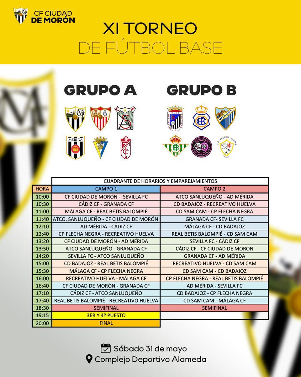📣 Ya puedes consultar el cuadrante de enfrentamientos y horarios del 🏆 XI Torneo de Fútbol Base Ciudad de Morón.

📆 Sábado 31 de mayo
📍 Complejo Deportivo Alameda
🕙 Desde las 10:00 h
👦 Categoría Alevín 2014

⚽ ¡Todo preparado para vivir un gran día de fútbol base!