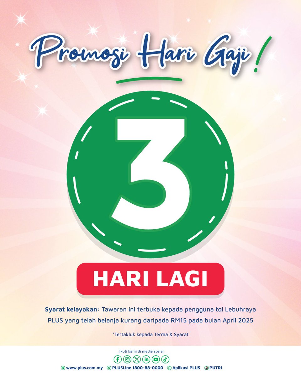 plus2u's tweet photo. π 3 hari lagi
Dapatkan bonus 800* Mata Ganjaran PLUSMiles untuk nikmati pelbagai tawaran penebusan PLUSMiles! Hanya belanja RM15 di tol Lebuhraya PLUS sehingga 30 Mei 2025 ini.
Klik https://t.co/0wxgsp1Iuh untuk info lanjut.
*Tertakluk terma & syarat.
#PLUSMiles https://t.co/ffLTqROIEF
