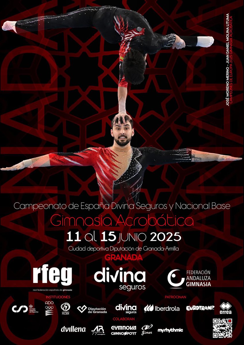 #Granada reunirá a lo mejor de la gimnasia acrobática nacional durante el 11-15 de junio con motivo de la celebración del Nacional Base y Cto de España Divina Seguros. Comparto con vosotros el cartel con José Moreno y Daniel Molina como protagonistas

Os esperamos! #ACROGranada25